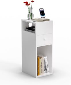 VOUNOT® Mesita de Noche Estrecha con 2 Compartimentos Abiertos y 1 Cajón 25x30x66cm, Mesilla de Noche Pequeña Estilo Moderno, Mesa Auxiliar Alta de Madera para Dormitorio, Salón, Sala de Estar, Blanco
