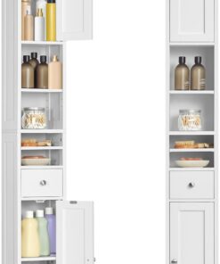 VASAGLE Armario Alto de Baño, con Estantes Ajustables, Cajón, Compartimentos Abiertos, para Espacios Pequeños, Moderno, Blanco Nube BBC765W01