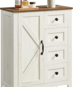 VASAGLE LIRY Colección - Armario de Almacenamiento, Mueble de Baño Estilo Campo con 4 Cajones, Organizador Independiente, Puerta de Granero, Estante Ajustable, Blanco Rústico BBK753W01