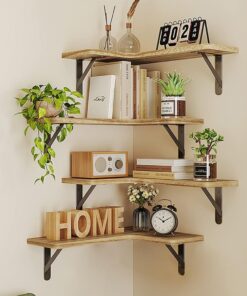 BAKAJI Juego de 4 estantes de Madera angulares, estantería esquinera para Montaje en Pared, Barras de Metal, estantería para Dormitorio, salón, Cocina, baño, librería Ahorra Espacio (Roble)