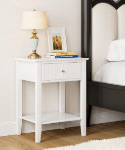 HEYZOEY Mesita De Noche Retro Con 1 Cajón, Mesita De Noche De Madera Maciza, Boho Para Dormitorio, Sala De Estar, Color Blanco