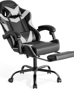 Sweetcrispy Silla para Videojuegos con reposapiés, Soporte Lumbar, Silla ergonómica de PC, Altura Ajustable, Silla de Escritorio giratoria, Color Blanco