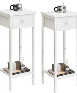 IBUYKE Mesitas de Noche Estrechas Pack 2,con Cajones,Blanco TMJ417W-2 | Estructura Metálica,Patas Regulables,25x25x71cm,Mesa Auxiliar para Dormitorio,Oficina,Salón