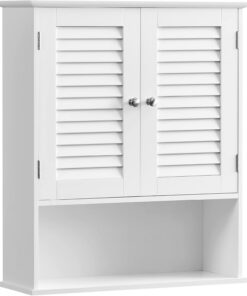 VASAGLE Armario de Pared para Baño, Armario Colgante, Armario de Almacenamiento con Estante Ajustable, Puertas de Doble Persiana y Estante Abierto, 20 x 60 x 70 cm, Blanco BBC27WT