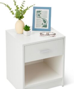 Amazon Basics Mesita de Noche, Mesita de Noche con 1 Cajón, Armario de Dormitorio, Blanco, 47 x 40 x 36cm