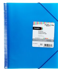 Grafoplas - Carpeta Espiral 50 Fundas Transparentes A4, Maxiplás Multiline | Tapas de Plástico Flexible Azul, Espiral PVC, Cierre Gomas, 31,2x24x3,1 cm, Ideal como Material Escolar y Oficina