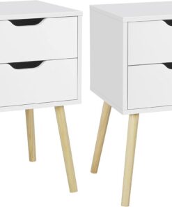 Yaheetech 2pcs Mesillas de Noche con Dos Cajones | Mesita de Noche Modernopara Dormitorio Mesa Auxiliar de Madera para Sala de Estar 40x40x61cm Blanca
