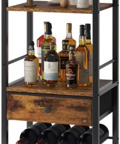 IBUYKE Estantería de Vino,Botelleros con Portavasos y Cajón,Marrón TMJ905H | Botellero Vino de 4 Niveles Estante De Vino De Mostrador Vinoteca para Cocina Bar Comedor
