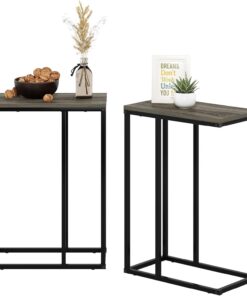 Furinno CAMNUS Juego de 2 mesas auxiliares en Forma de C con Estructura de Metal, mesita de Noche para salón o Dormitorio, Roble francés Gris