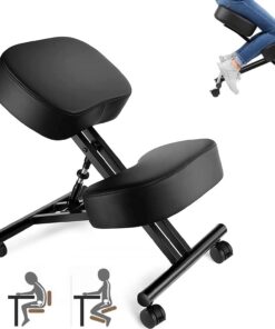 Silla Ergonómica de Rodillas, Taburete de Rodilla para Casa y Oficina, Asiento en ángulo para Mejorar la Postura, Ajustable Altura, 3" Cojines Gruesos, Marco de Metal, Piel Sintética, Negro