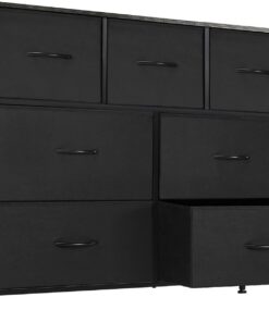 DUMOS Cómoda para Dormitorio con 7 cajones de Tela, Organizador Alto para Ropa, Armario de habitación Infantil, Torre de Almacenamiento con Armario, Marco de Metal, Tablero de Madera, Muebles Ligeros