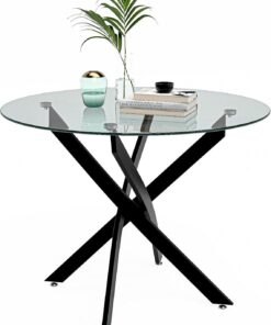 GOLDFAN Mesa de comedor pequeña y moderna redonda de cristal con patas de metal negro para comedor, negro, 80 cm (solo mesa)