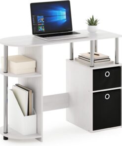 Furinno Jaya Escritorio de Estudio informático con cajones de Basura, Madera de ingeniería, Roble Blanco/Cromo/Negro, 39.62 (D) x 97.54 (W) x 72.39 (H) cm