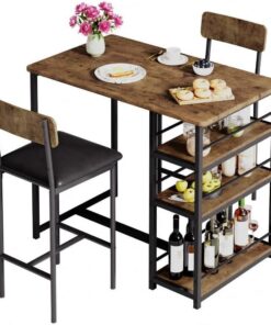 Juego de mesa de comedor de 3 piezas que ahorra espacio para 2 sillas tapizadas, 3 estantes de almacenamiento, ideal para rincón de desayuno de apartamento, marrón rústico, juego de 1+2