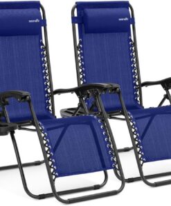 SereneLife Zero Gravity - Silla reclinable de Malla de Acero Ajustable, con reposacabezas extraíble y bandejas portavasos, mesas auxiliares, Juego de 2, Color Azul