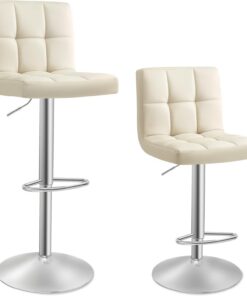 SONGMICS Juego de 2 Taburetes de Bar, Silla Alta, Altura Regulable con Funda de PU, Giratorio con Respaldo y Reposapiés, Comedor, Mostrador, Acero Cromado, Beige Arena LJB064K03