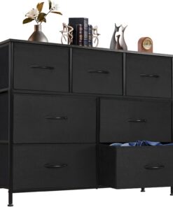DUMOS Cómoda para Dormitorio con 7 cajones de Tela, Organizador Alto para Ropa, Armario de habitación Infantil, Torre de Almacenamiento con Armario, Marco de Metal, Tablero de Madera, Muebles Ligeros