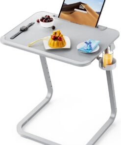 SAIJI Mesa Auxiliar, Mesa de Centro, Patas en Forma de U más estables, ángulo de Altura Ajustable, Ranura para Tableta, portavasos, 55 * 39 cm, Gris