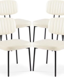 Sweetcrispy Juego de 4 sillas de Comedor tapizadas Modernas de Mediados de Siglo con Asiento de cojín de Piel sintética y Patas de Metal para Cocina, Sala de Estar, Color Crema