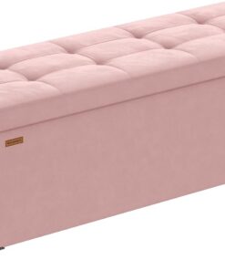 SONGMICS Puff Almacenaje, Banco Plegable, 38 x 110 x 40 cm, Reposapiés, 112 L, Superficie de Terciopelo, para Dormitorio, Sala de Estar, Dormitorio, Rosa Jalea LSF0518R02