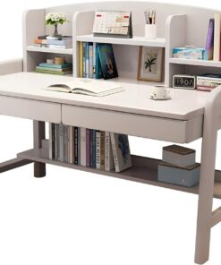 Escritorio de Madera Maciza con estantería - Banco de Trabajo for Oficina en casa con cajón, Mesa de Estudio for computadora portátil(White,100 * 60 * 112CM)