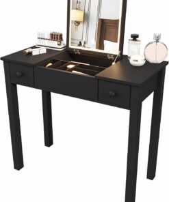 Mesa de tocador de maquillaje LED con espejo plegable y cajones para almacenamiento de joyas, acabado brillante, tocador elegante y funcional para mujer