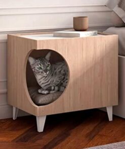 Skraut Home | Mesita Mascotas Ellie | Color Roble/Blanco | Orificio Entrada Lateral | 1 Puerta | Mesa Auxiliar | Casa para Gatos y Perros | Mesita de Noche | para Salón y Baño | 46,8 x 37 x 40 cm