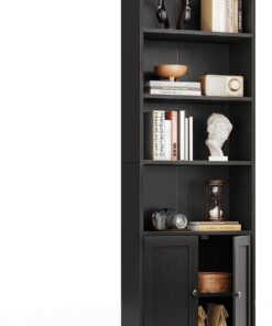 Coleshome Estantería con Puertas 6 Niveles, Librería 176cm Negro | Montaje Fácil 176x48x24cm Estanterías Repisas Ajustables Antivuelco 80-120 Libros Salón Dormitorio Oficina
