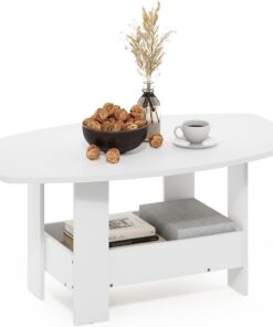 Furinno Simple Design Mesa de Centro de 2 Niveles con Estante Inferior; Mesa Auxiliar esquinera Redonda; para Sala, Dormitorio u Oficina en casa; Blanca