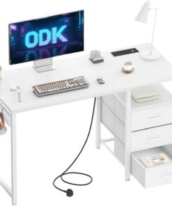 ODK Escritorio con cajones, escritorio de computadora para oficina en casa, 120 x 48 cm, color blanco