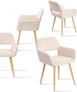 MEUBLE COSY Juego de 4 Sillas de Comedor Escandinavo Sillón Tapizado en Pana con Reposabrazos Patas Metal para Cocina Salón Dormitorio Oficina, Beige Claro
