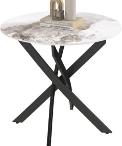 GOLDFAN Mesa de comedor redonda de mármol blanco brillante de 80 cm con patas de metal negro para comedor, oficina, apartamento