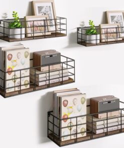 BAKAJI Juego de 4 estantes de Pared de diseño Industrial de Madera Color Nogal con Soportes de Metal, estantería de Pared Multiusos, estantería para Dormitorio, salón, Cocina, baño, librería para