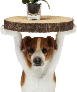 Kare Design Mesa auxiliar Animal Mr Jack blanco/marrón, mesa de centro, motivo perro, salón, mesa auxiliar sofa, mesita de noche, 52x35x33 cm | Perro, disco de madera como tablero, motivo animal decorativo, diseno moderno, soporta hasta 20 kg, para el salon