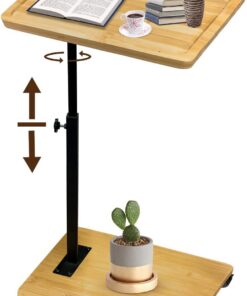 Mesa Auxiliar Forma C Bambú Metal Moderna Altura Ajustable con Ruedas, Side Table, Mesa Auxiliar de Cama, Mesa de Sofá, Mesilla de Noche, Mesa de Cuidado, para Salón Dormitorio Baño