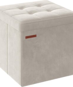 SONGMICS Puff Almacenaje, Banco de Almacenamiento de Terciopelo Plegable, Taburete Reposapiés, 38 x 38 cm, Carga de 300 kg, para Entrada, Sala de Estar, Dormitorio, Blanco Crema LSF227W01