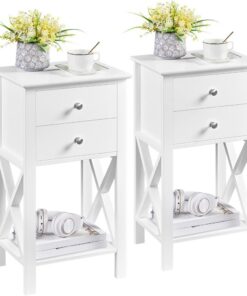 Yaheetech 2pcs Mesitas de Noche con Cajones Mesillas de Noche Alta | Mesa de Sofá para Ahorrar Espacio de MDF para Dormitorio 40 × 30 × 70 cm Color Blanco