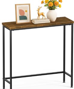 VOUNOT® Mesa de Consola Estrecha 75x24x75cm Mesa Auxiliar de Entrada Metal y MDF, Mesita Exposición Patas Ajustables, Extremo de Sofá Diseño Industrial para Recibidor Salón Pasillo Dormitorio, Marrón