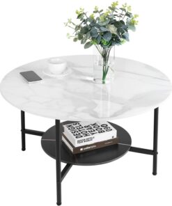 FATIVO Mesa de Centro Redonda Piedra Sinterizada 2 Niveles 80x80x48cm | Mesas Cafe Baja Blanca con Estantes con Efecto Mármol,Mesa Auxiliar Alta Resistencia a Rayones y Muy Fácil de Limpiar.