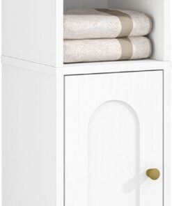Hzuaneri Armario de almacenamiento de baño, pequeño armario de esquina con puerta y estantes, armario de papel higiénico estrecho, organizador de baño con estante ajustable, para espacios pequeños,
