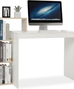 Mondeer Escritorio, Mesa de Ordenador con Estante de Almacenamiento de 3 Niveles, Ahorro de Espacio, para Oficina Estudio Estación de Trabajo, 110 x 40 x 92 cm, Blanco y Roble