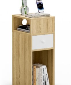 VOUNOT® Mesita de Noche Estrecha con 2 Compartimentos Abiertos y 1 Cajón 25x30x66cm, Mesilla de Noche Pequeña Estilo Moderno, Mesa Auxiliar Alta de Madera para Dormitorio, Salón, Sala de Estar Natural