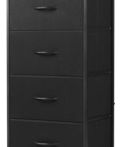 DUMOS Cómoda con cajones, cómoda y aparador para Dormitorio, Armario de Cocina con 4 cajones, cómoda de Tela con Marco de Acero Estable, Ideal para Dormitorio, salón (Negro)