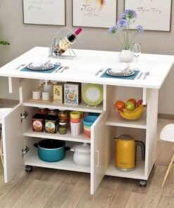 BAKAJI Mesa de Comedor, Mesa de Comedor, Mueble de Cocina con estantes, Armario de Almacenamiento con Puertas y estantes, Ruedas de Escritorio Multiusos de Madera MDF, diseño Moderno
