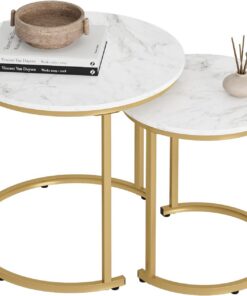 HEYZOEY Juego de 2 mesas de centro redondas para salón, mesas auxiliares de metal dorado, mesa de café para mesa de sofá, salón, dormitorio, aspecto de mármol blanco con patas doradas