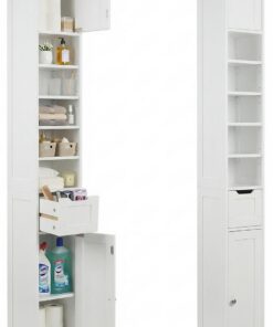 VOUNOT® Armario para Baño Alto Mueble Columna de Baño, Estanterías con 2 Puertas y 1 Cajón, Estantes Ajustables Espacio Abierto, Mueble Auxiliar de Almacenaje para Salón Dormitorio, 20x20x180cm,Blanco