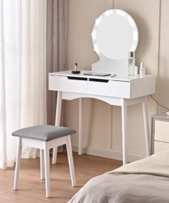 Shally Dogan Tocador de Maquillaje con Taburete, Modelo Laura, con 8 lámparas LED, Espejo con Mesa y cajones de Madera Blanca, Asiento cómodo Acolchado, Espejo de estación de Maquillaje, luz fría y