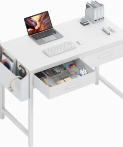 DLisiting Escritorio blanco pequeño de 32 pulgadas con 2 cajones, escritorio de computadora de estudio con cajón de almacenamiento para dormitorio, oficina en casa, mesa de tocador sin espejo para