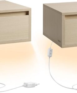 VASAGLE Kailyn Colección - Mesita de Noche Colgante, Juego de 2, Luz con 3 Pantallas, Estante de Pared con Cajón, 35 x 40 x 18 cm, Estilo Moderno, Sala de Estar, Dormitorio, Beige Natural LET854N01