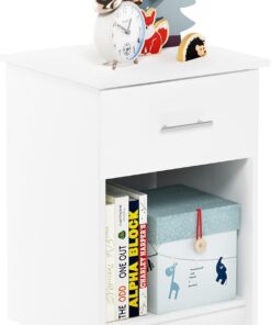 Furinno Tidur Mesita de Noche con asa y un cajón, Madera de ingeniería, Blanco Uni, 45 (W) x 61.3 (H) x 39.8 (D) cm